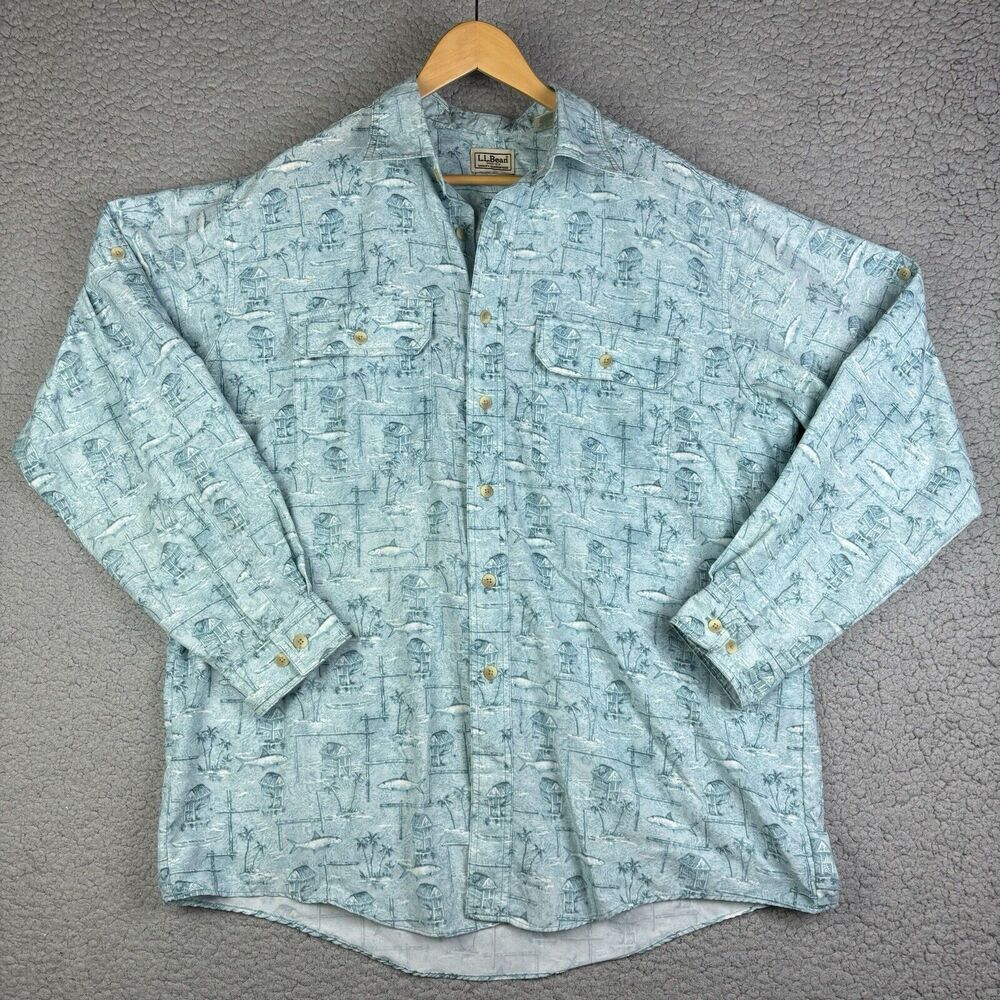 LL Bean Button Shirt Mens L Blue‎ Tropical All Over Print Fish Pattern Geometric